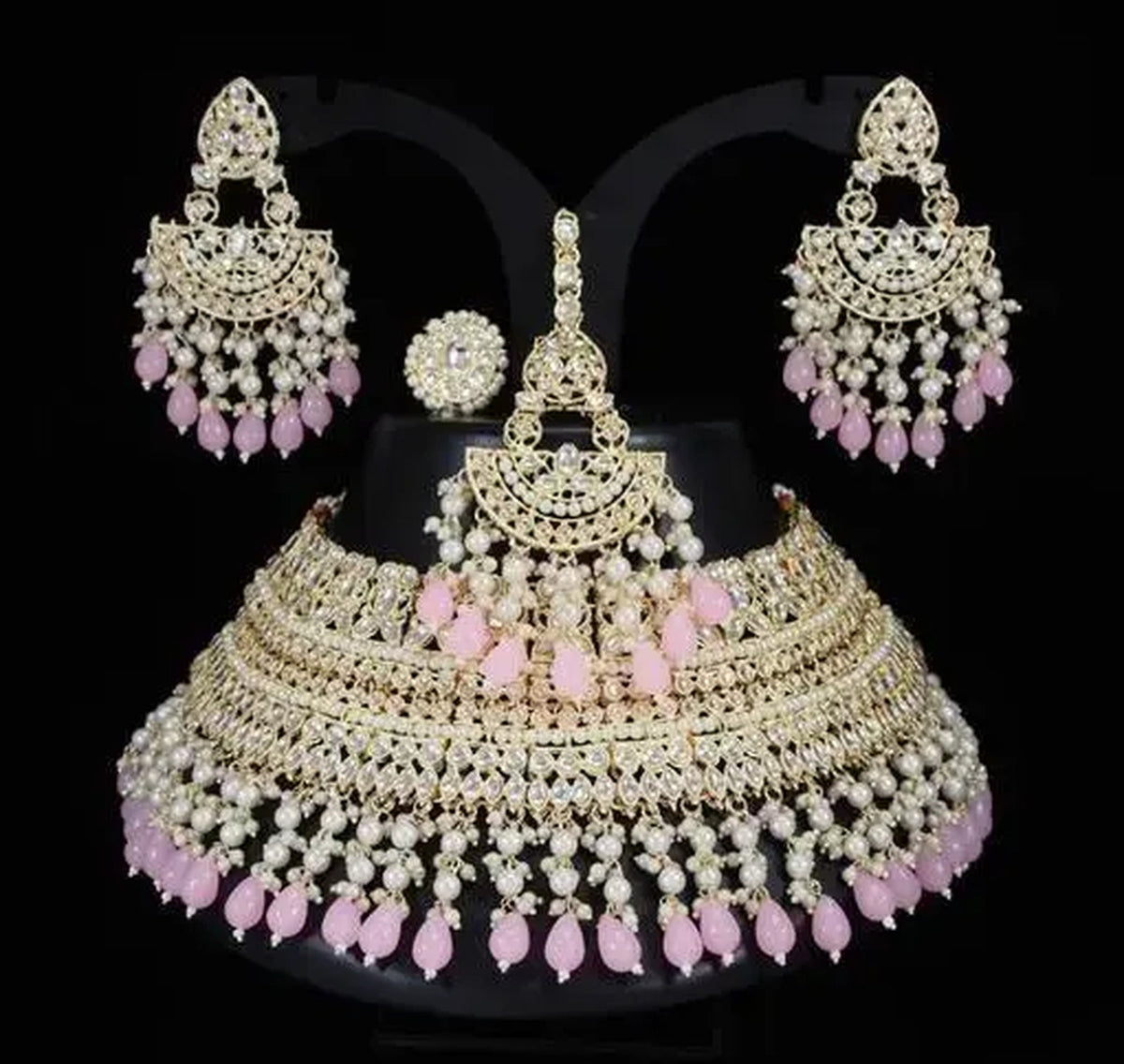 Jewel City Opulent Bridal Kundan Choker Set with Pink Beads and Matching Earrings & Maang Tikka | Grocsy