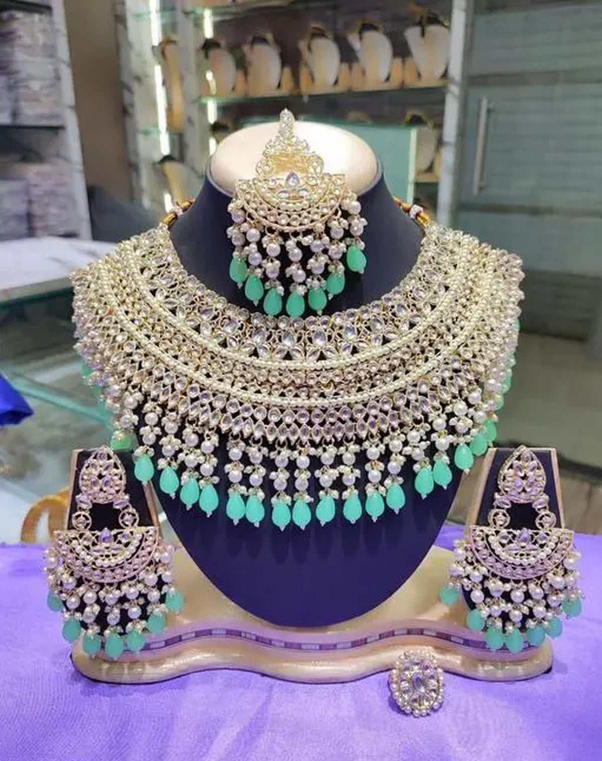 Jewel City Opulent Bridal Kundan Choker Set with Mint Beads and Matching Earrings & Maang Tikka | Grocsy