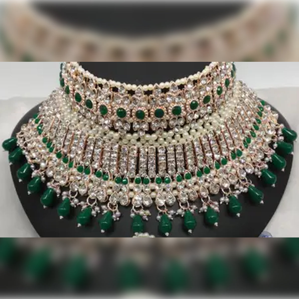 Jewel City Exquisite Crystal and Pearl Bridal Choker Set with Matching Earrings and Tikka | Grocsy
