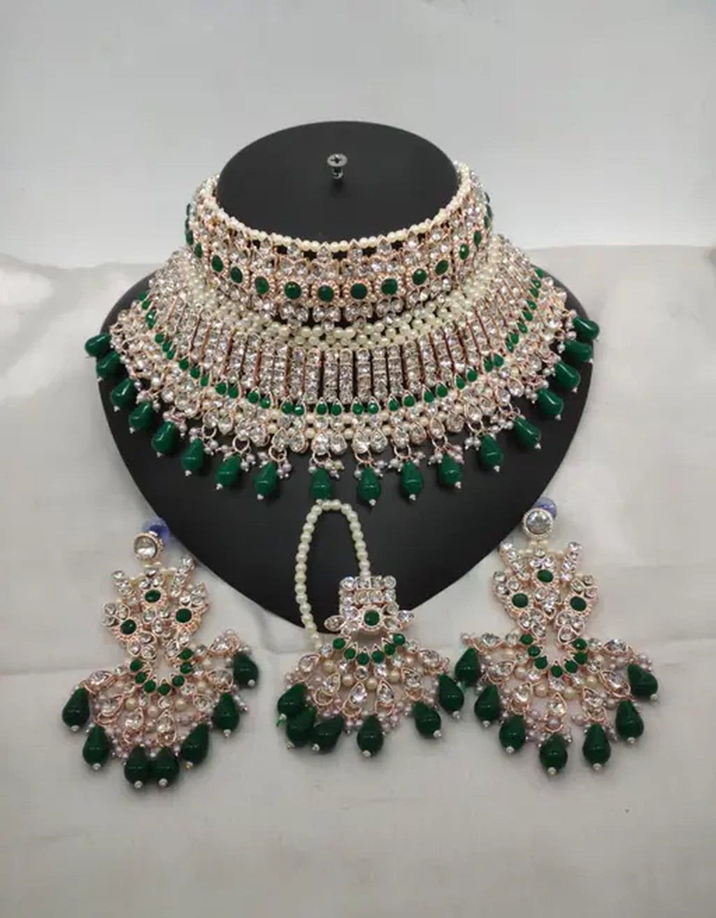Jewel City Exquisite Crystal and Pearl Bridal Choker Set with Matching Earrings and Tikka | Grocsy