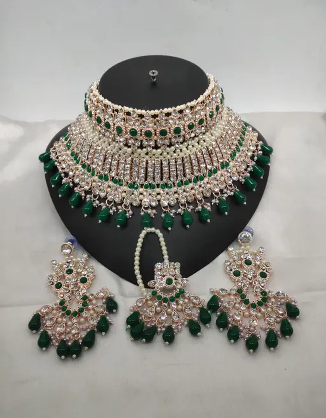 Jewel City Exquisite Crystal and Pearl Bridal Choker Set with Matching Earrings and Tikka | Grocsy