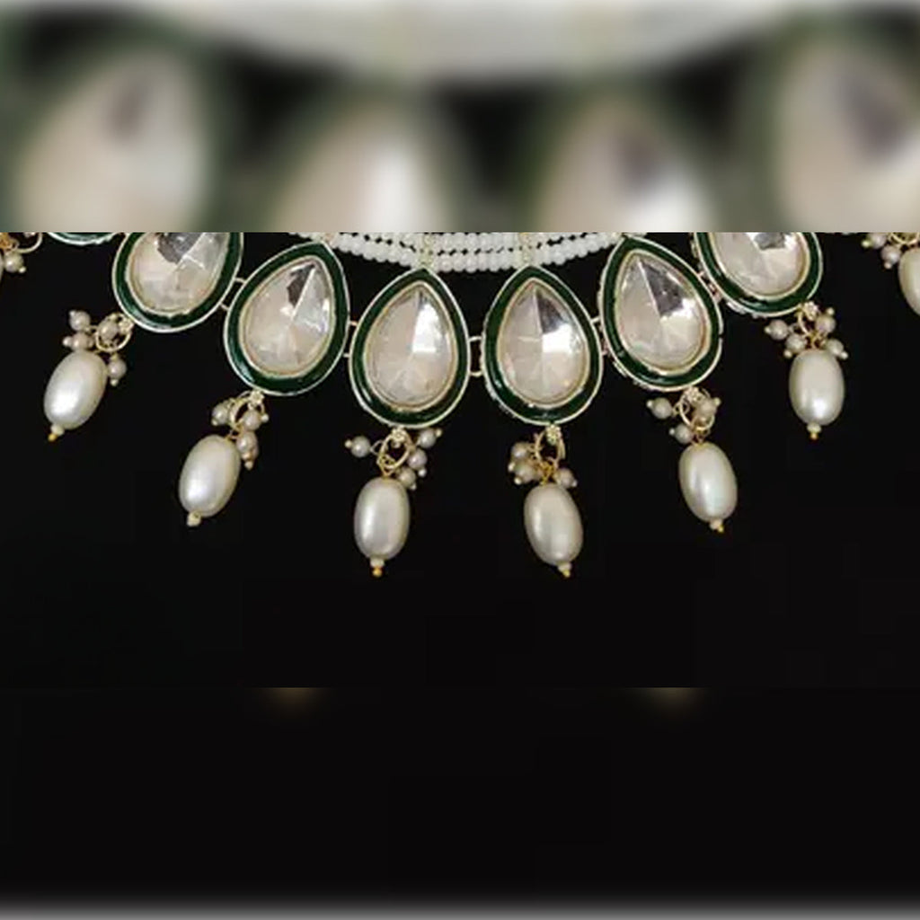 Jewel City Elegant Pearl and Kundan Necklace Set with Green Enamel Accents | Grocsy
