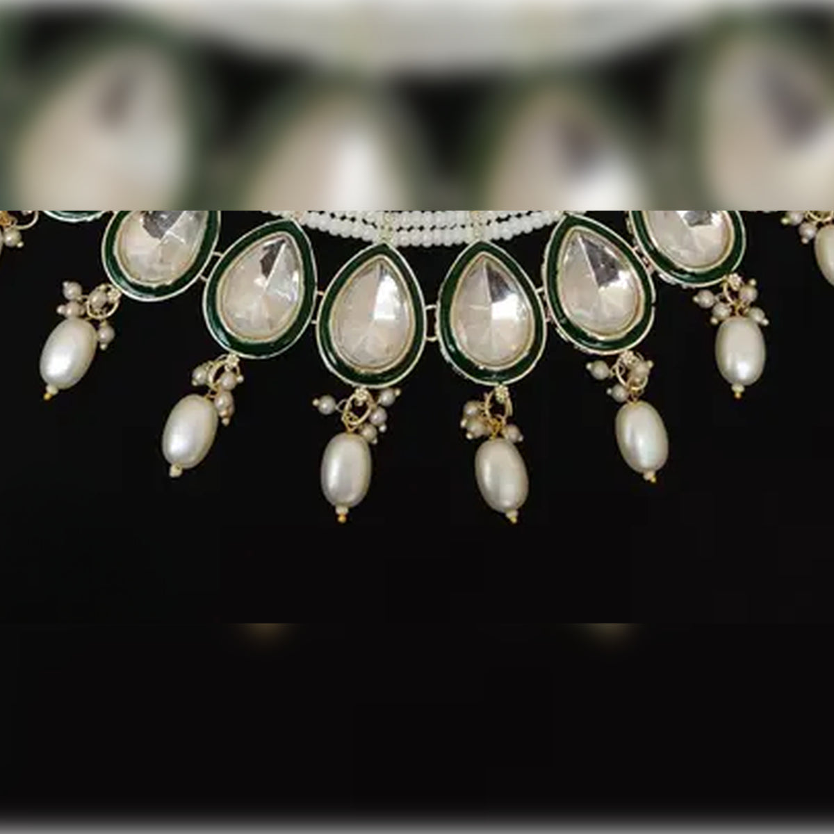 Jewel City Elegant Pearl and Kundan Necklace Set with Green Enamel Accents | Grocsy