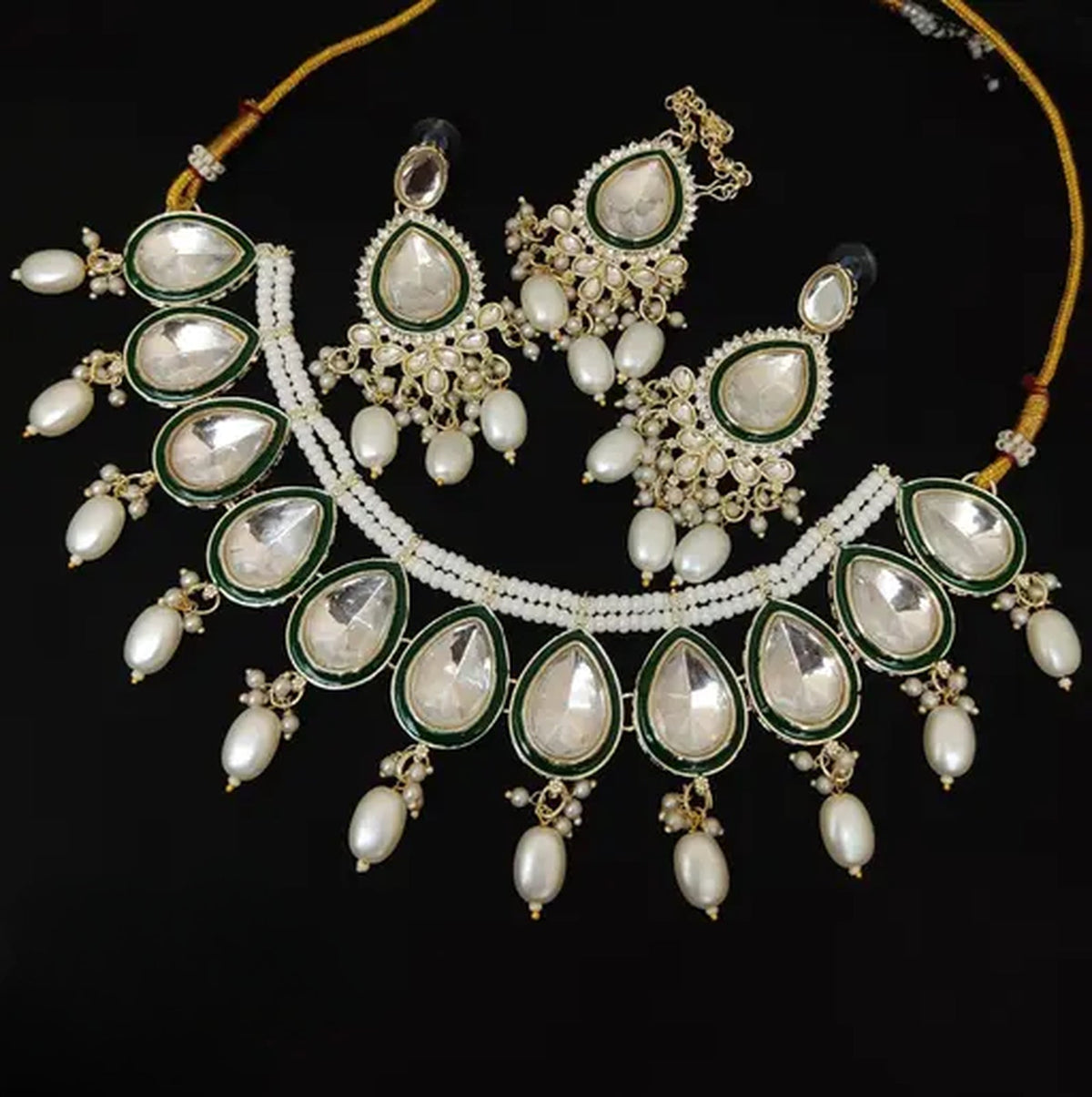 Jewel City Elegant Pearl and Kundan Necklace Set with Green Enamel Accents | Grocsy