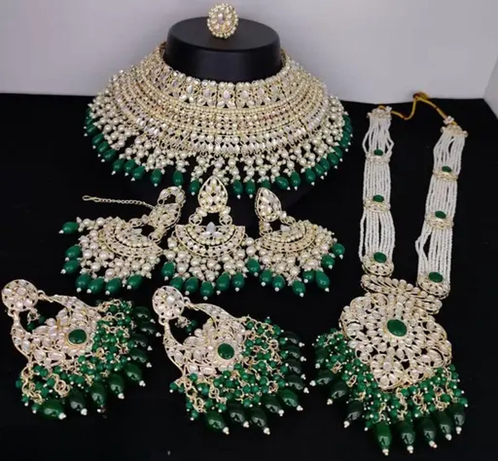 Jewel City Luxurious Pearl Kundan Bridal Jewelry Set - Necklace, Earrings, Tikka, and Long Necklace | Grocsy