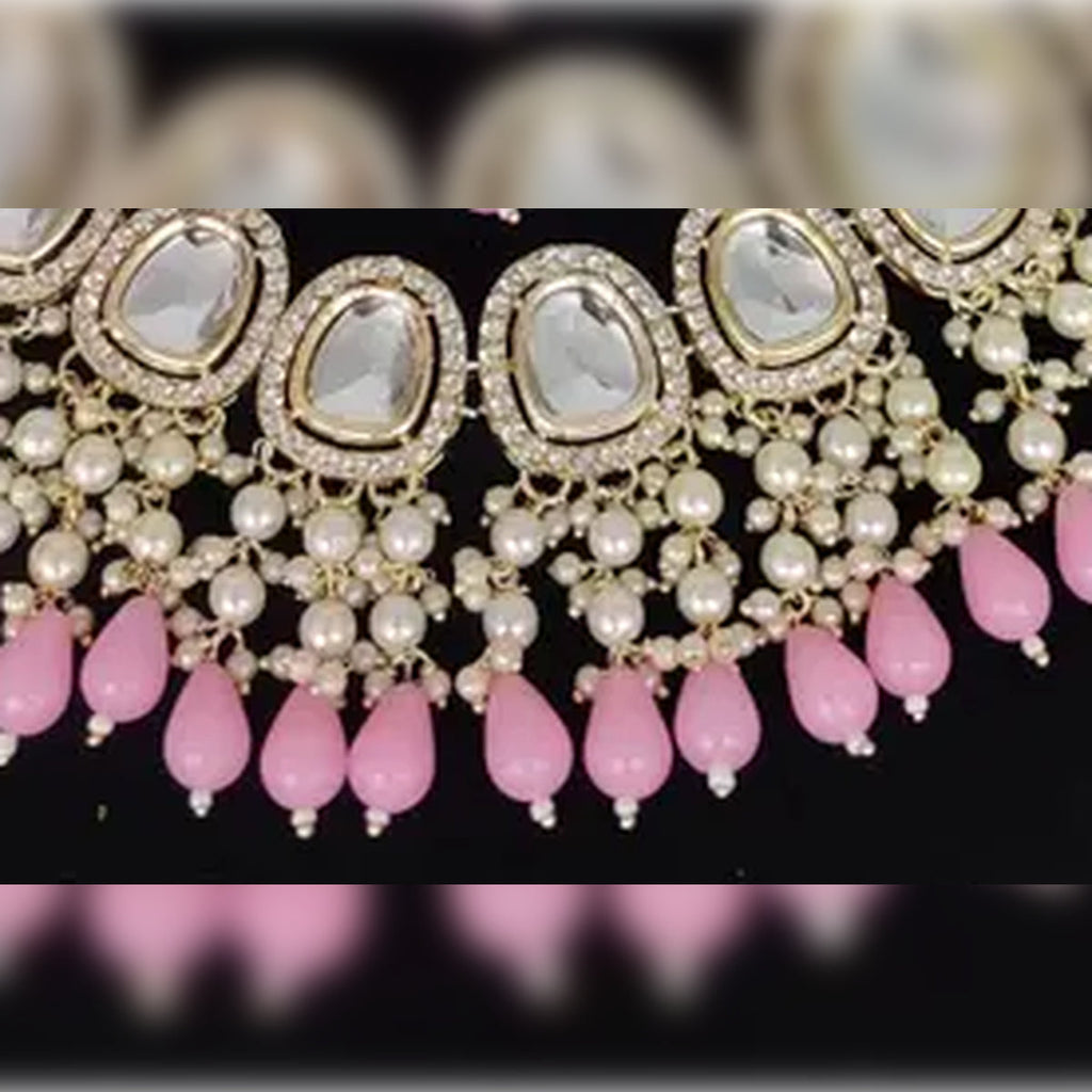 Jewel City Kundan Choker Necklace Set with Pink Beads and Pearls - Traditional Indian Wedding Jewelry | Grocsy