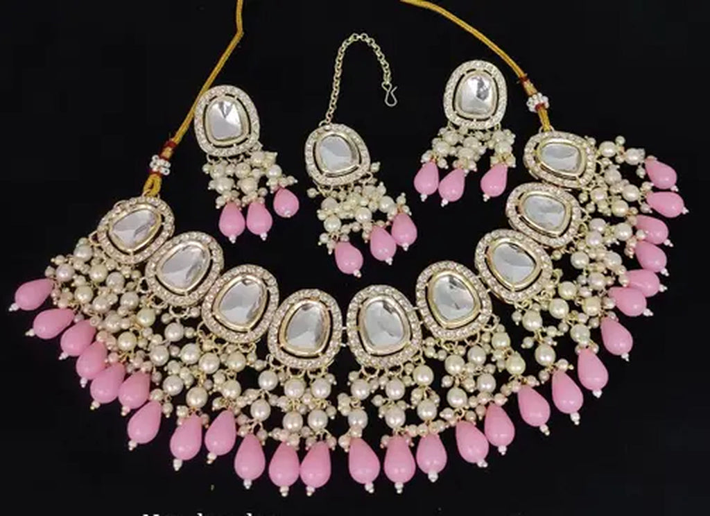 Jewel City Kundan Choker Necklace Set with Pink Beads and Pearls - Traditional Indian Wedding Jewelry | Grocsy