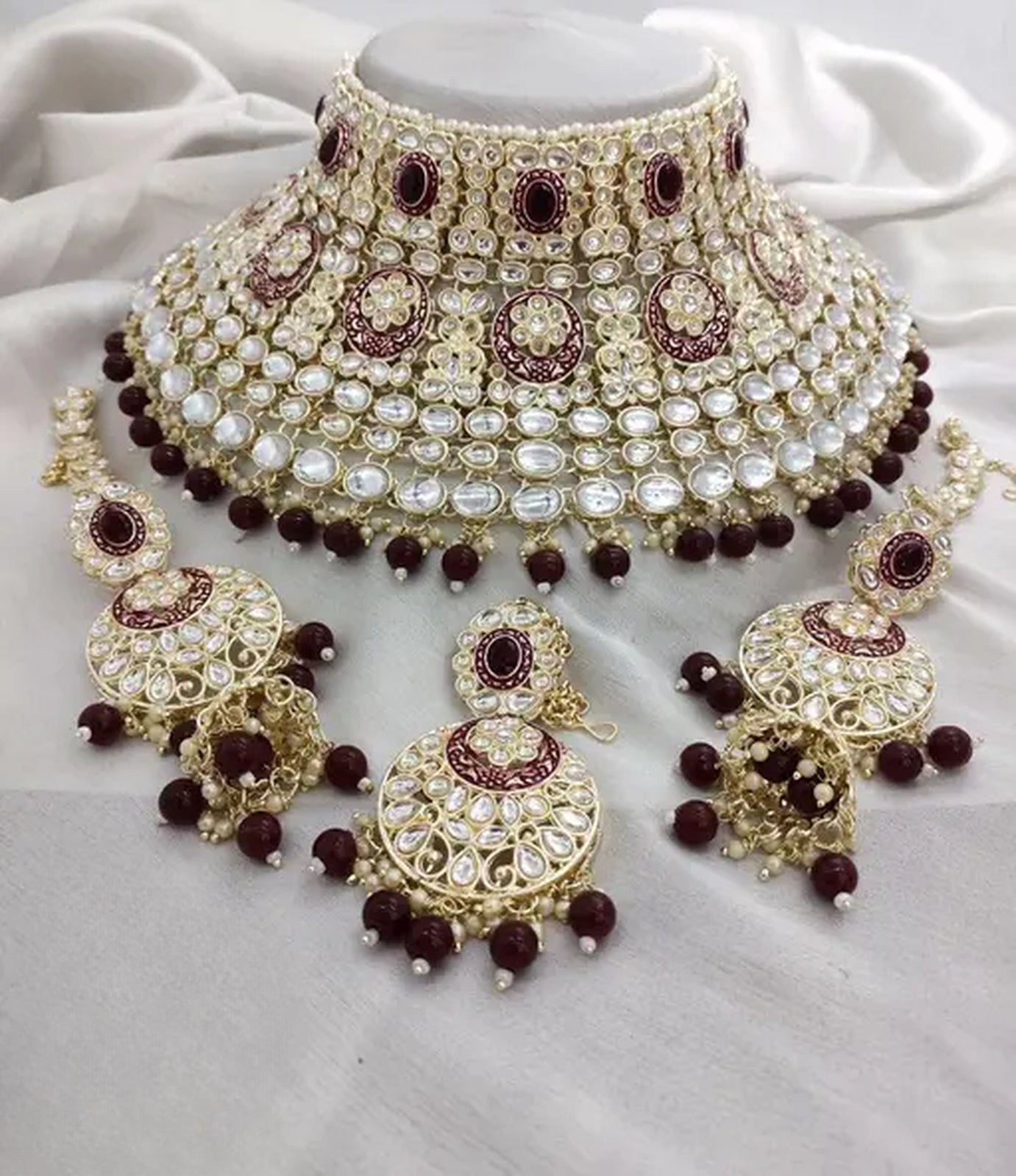 Jewel City Royal Kundan Choker Set with Maroon Beads - Traditional Indian Wedding Jewelry Set with Earrings and Tikka | Grocsy