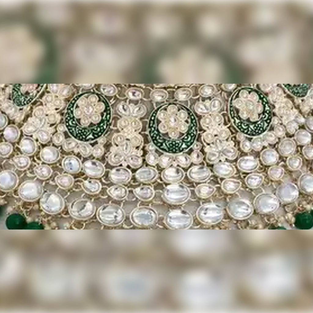 Jewel City Royal Kundan Choker Set with Green Beads - Traditional Indian Wedding Jewelry Set with Earrings and Tikka | Grocsy