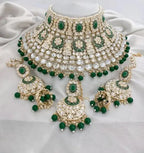 Jewel City Royal Kundan Choker Set with Green Beads - Traditional Indian Wedding Jewelry Set with Earrings and Tikka | Grocsy