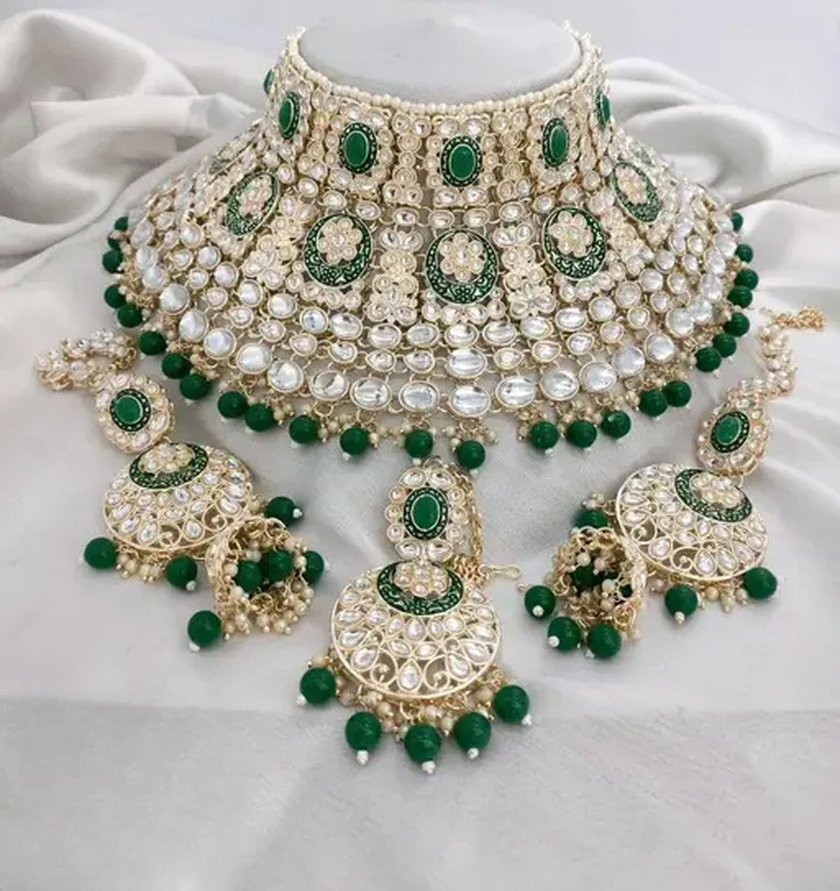 Jewel City Royal Kundan Choker Set with Green Beads - Traditional Indian Wedding Jewelry Set with Earrings and Tikka | Grocsy