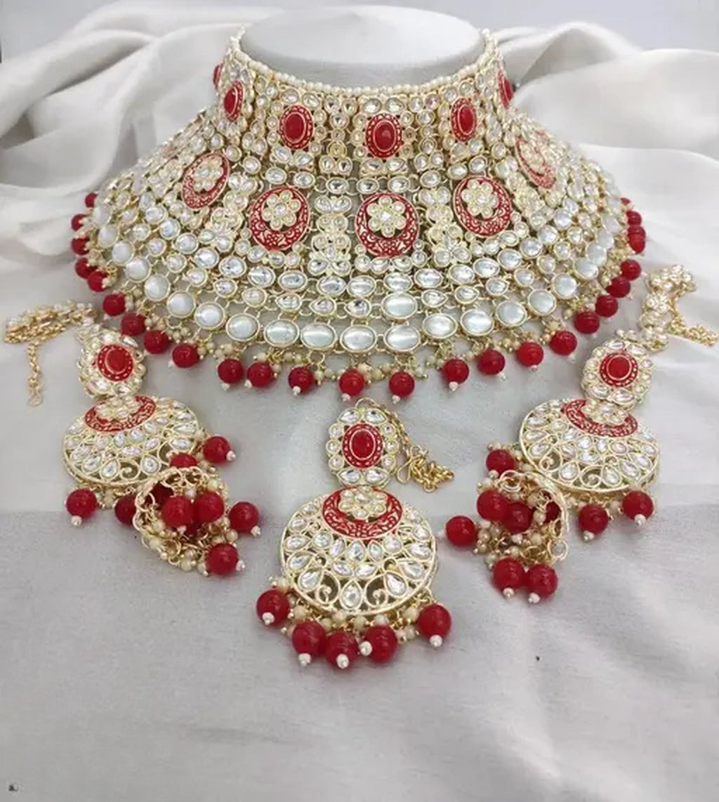 Jewel City Royal Kundan Choker Set with Magenta Beads - Traditional Indian Wedding Jewelry Set with Earrings and Tikka | Grocsy