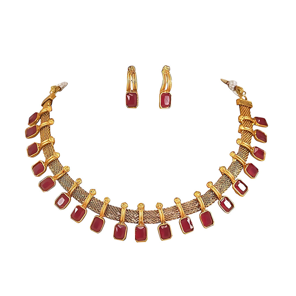 Jewel City Elegant Maroon and Gold Mesh Necklace Set with Matching Earrings | Grocsy