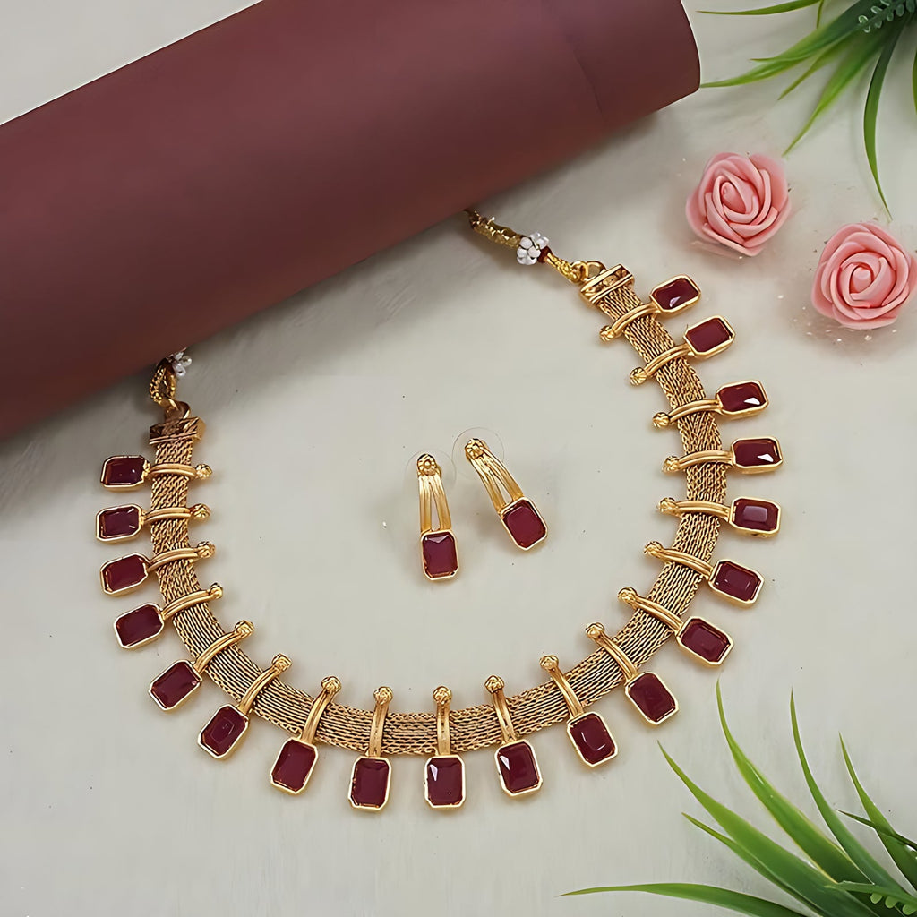 Jewel City Elegant Maroon and Gold Mesh Necklace Set with Matching Earrings | Grocsy
