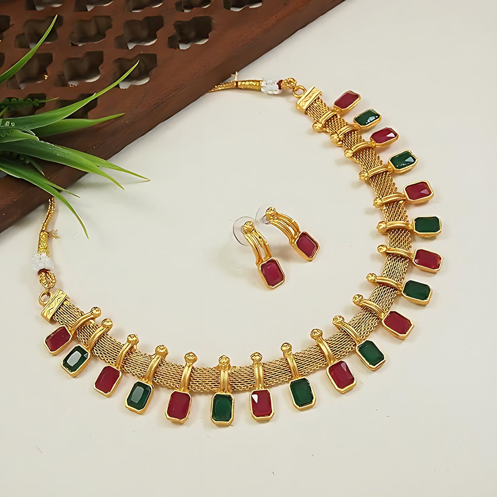 Jewel City Elegant Multi and Gold Mesh Necklace Set with Matching Earrings | Grocsy