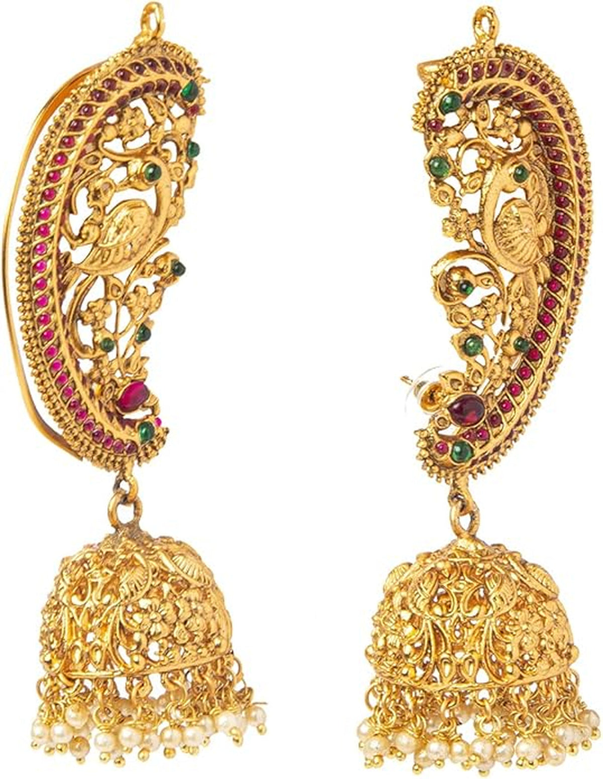 Jewel City Exquisite Gold-Plated Peacock Jhumka Earrings with Ruby and Emerald Accents | Grocsy