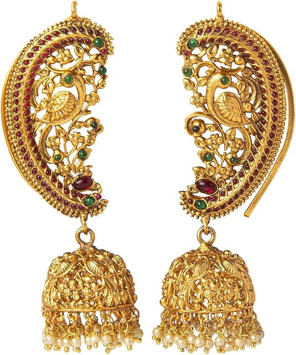 Jewel City Exquisite Gold-Plated Peacock Jhumka Earrings with Ruby and Emerald Accents | Grocsy