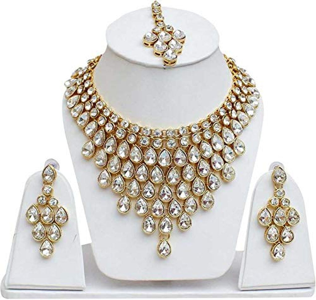 Jewel City Luxurious Gold-Plated Kundan Choker Necklace Set with Maang Tikka and Earrings | Grocsy