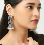 Jewel City Vintage Oxidized Silver Jhumka Earrings with Pearl and Red Bead Accents | Grocsy