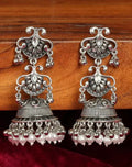 Jewel City Vintage Oxidized Silver Jhumka Earrings with Pearl and Red Bead Accents | Grocsy