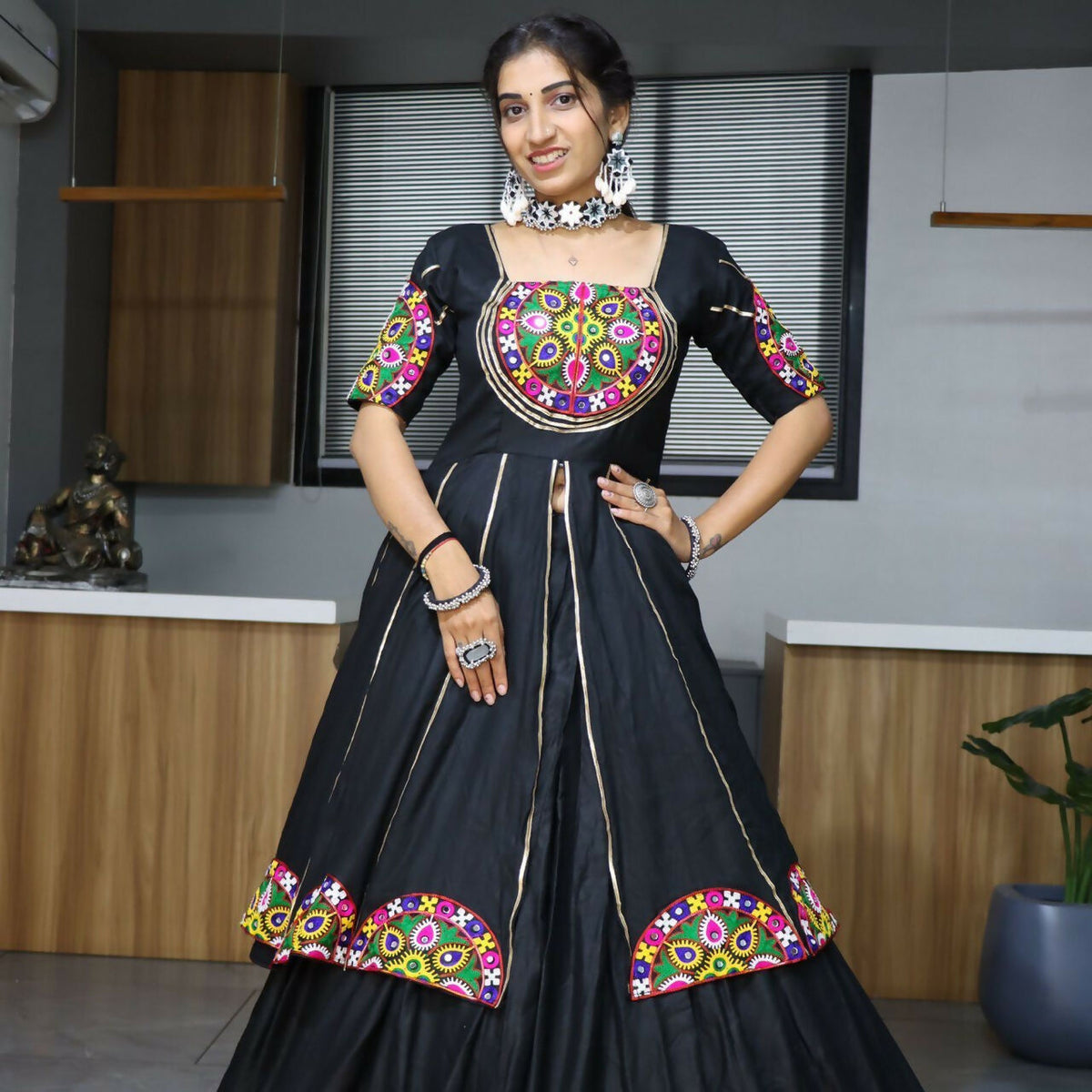 Yash Enterprise Black Rayon Cotton Embroidery Semi Stitched Navratri Top Chaniya Choli | Grocsy