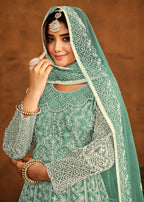 Green All Over Embroidered Net Wedding Anarkali Suit - Emponline | Grocsy