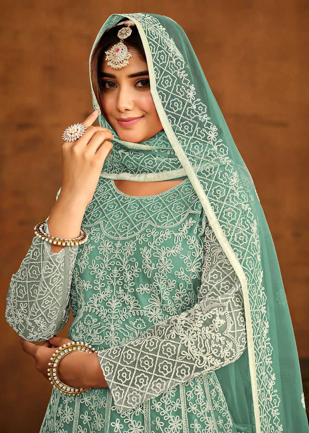 Green All Over Embroidered Net Wedding Anarkali Suit - Emponline | Grocsy