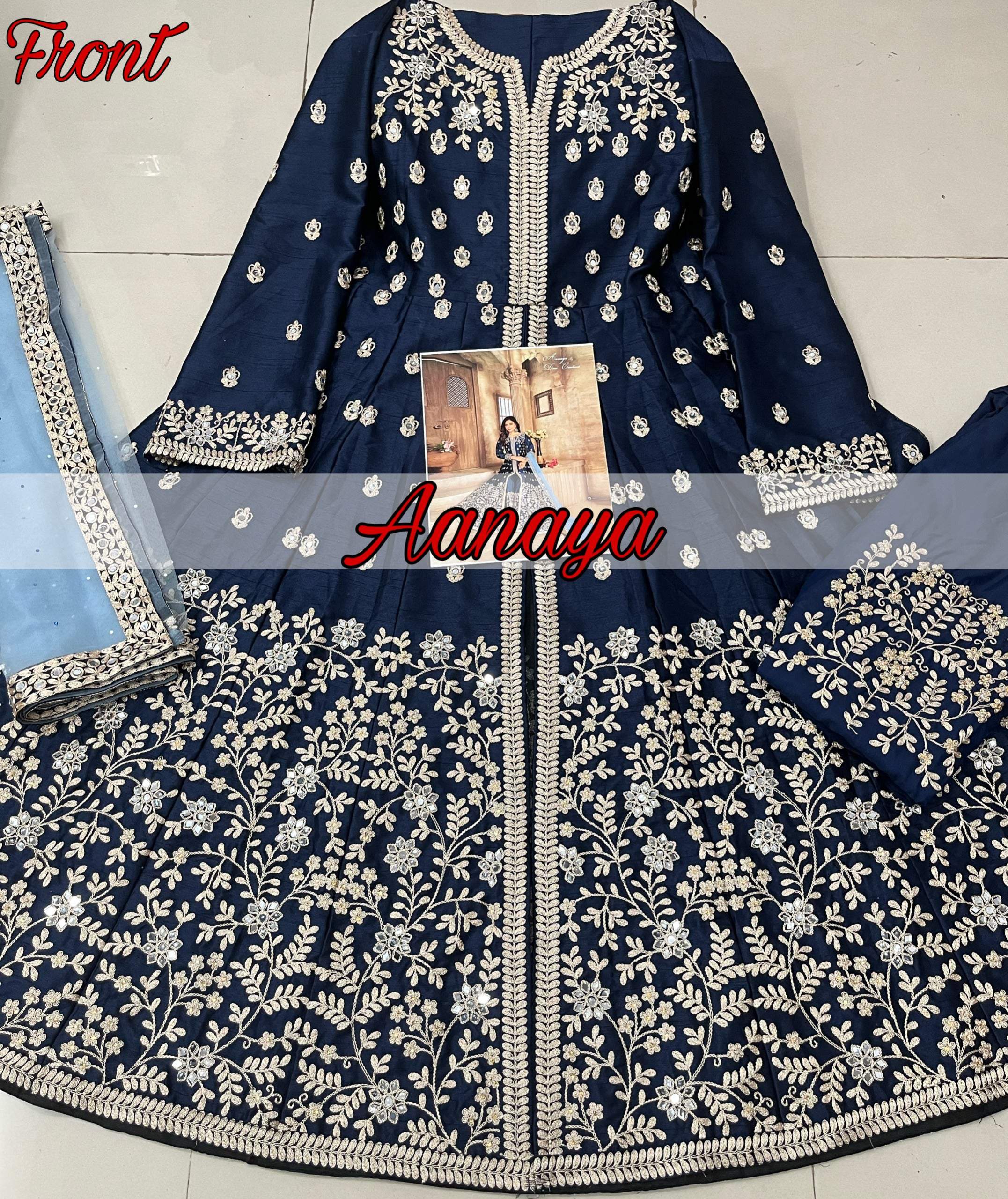 Anaita Navy Blue Embroidered Art Silk Anarkali Suit | Grocsy