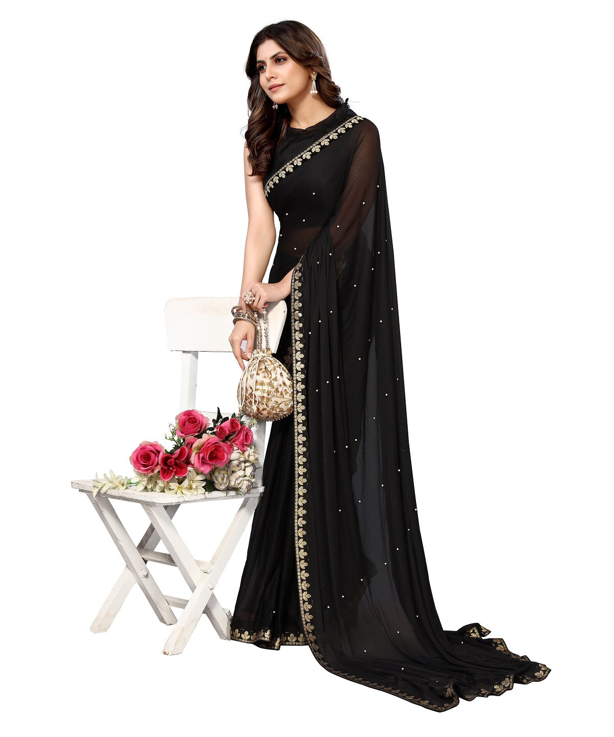 Vamika Goergette Silk Thread Work Black Bollywood Style Saree | Grocsy