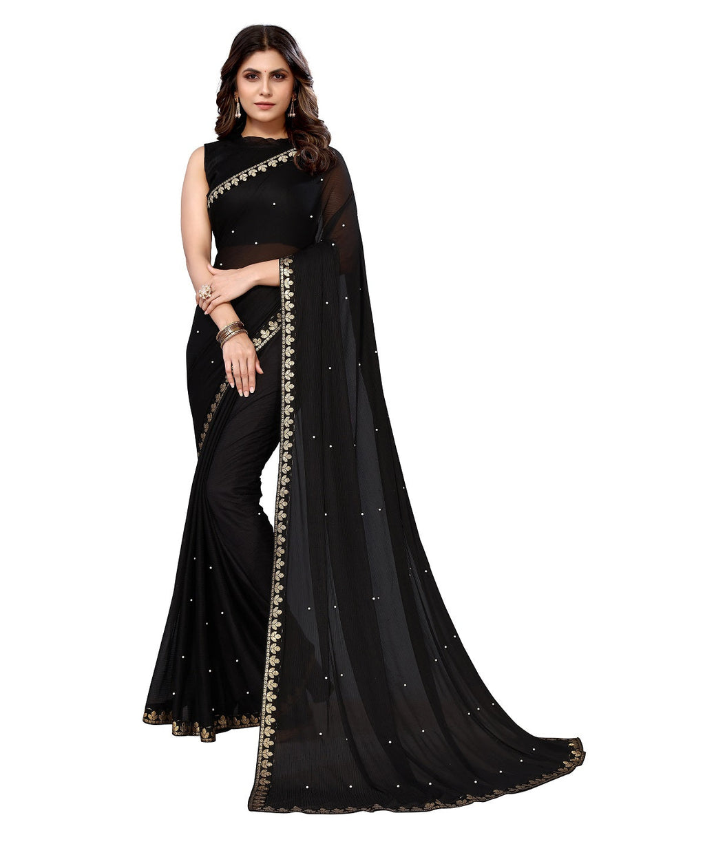 Vamika Goergette Silk Thread Work Black Bollywood Style Saree | Grocsy