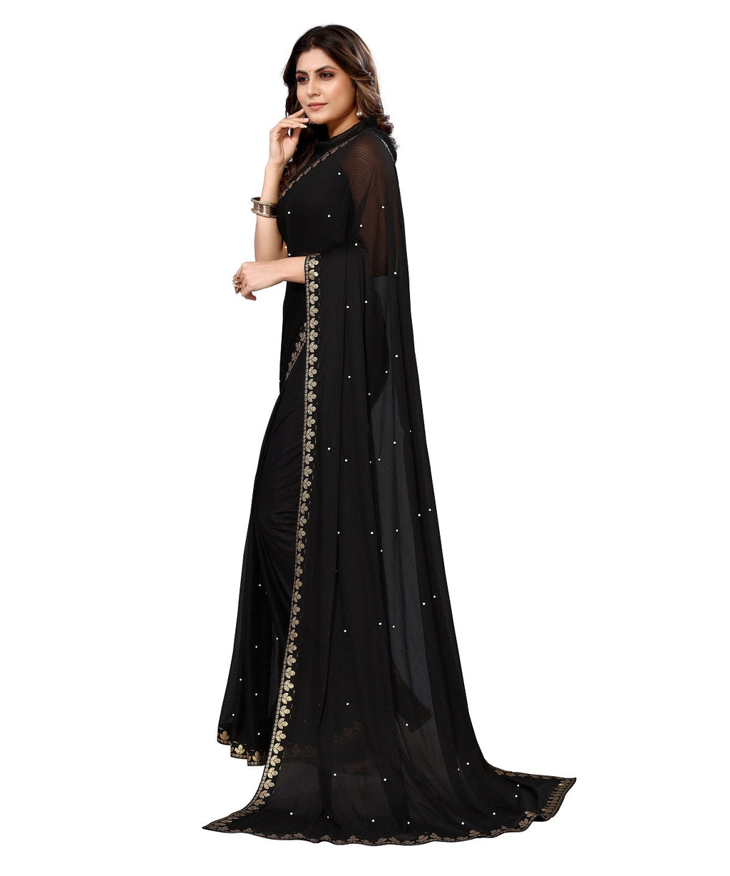 Vamika Goergette Silk Thread Work Black Bollywood Style Saree | Grocsy