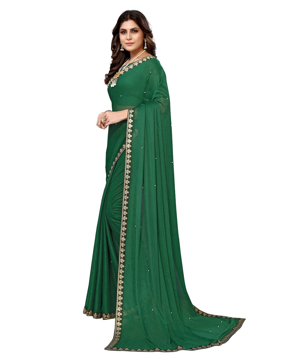 Vamika Goergette Silk Thread Work Green Bollywood Style Saree | Grocsy
