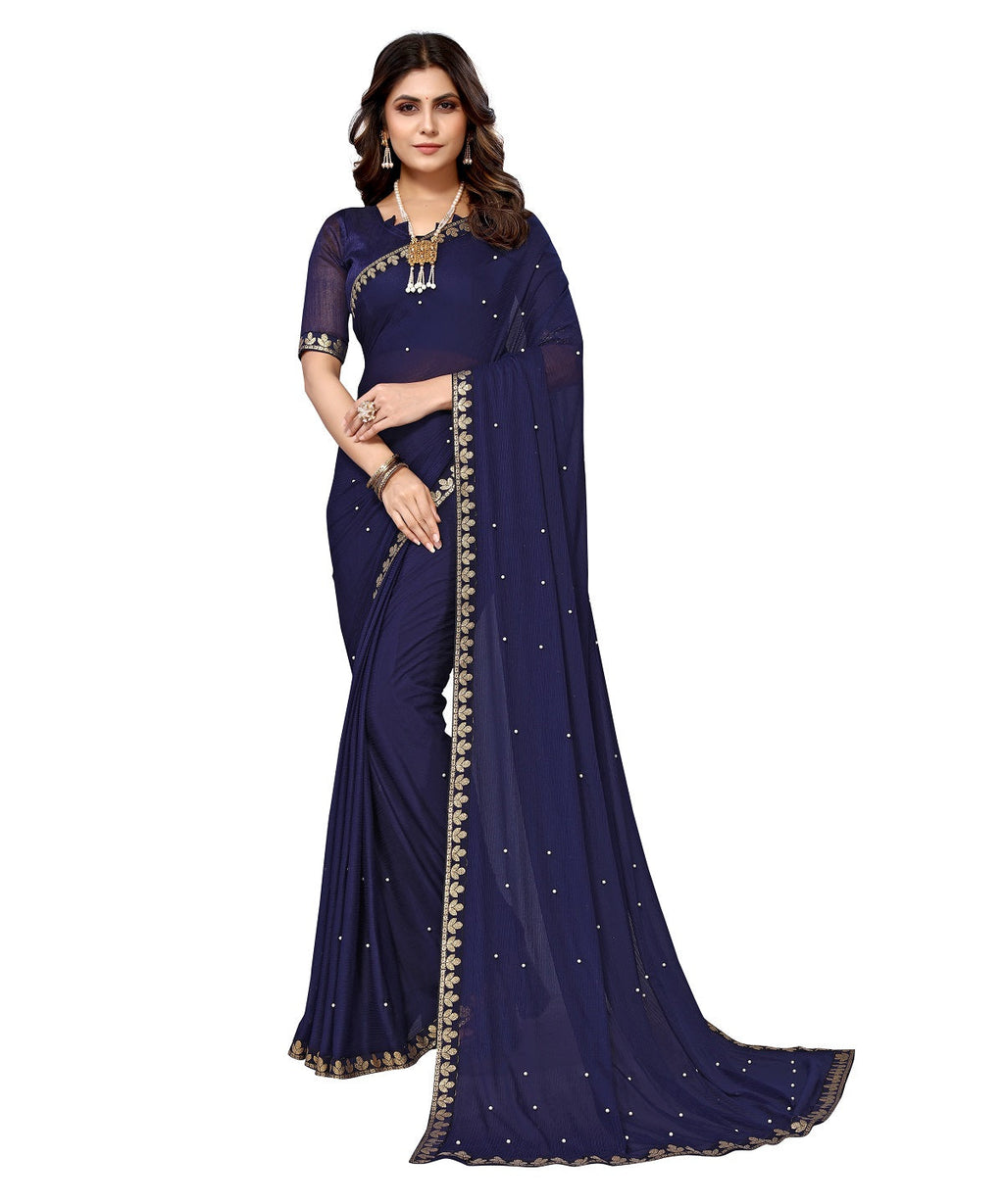 Vamika Goergette Silk Thread Work Navy Bollywood Style Saree | Grocsy