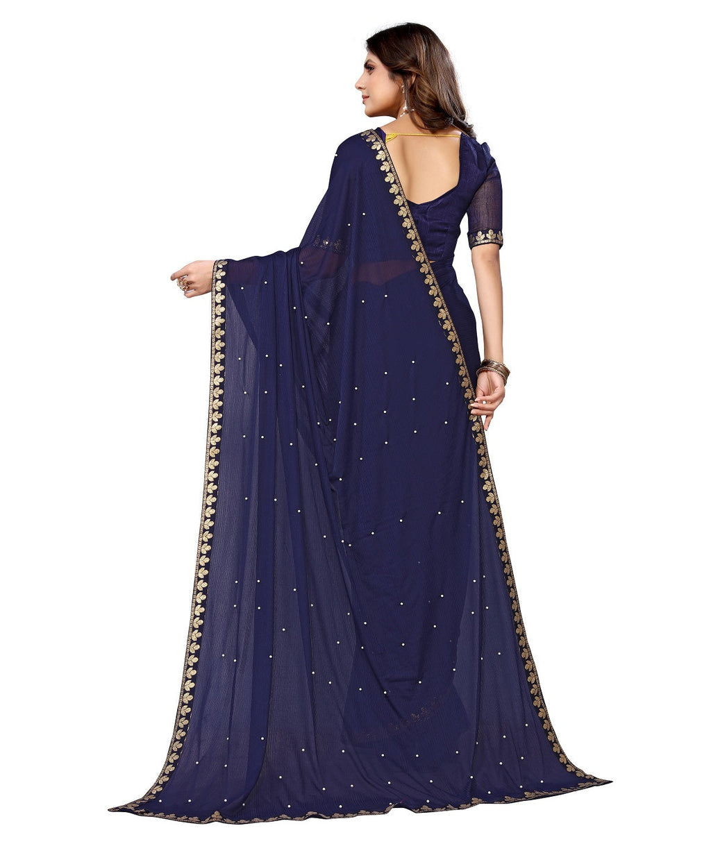 Vamika Goergette Silk Thread Work Navy Bollywood Style Saree | Grocsy