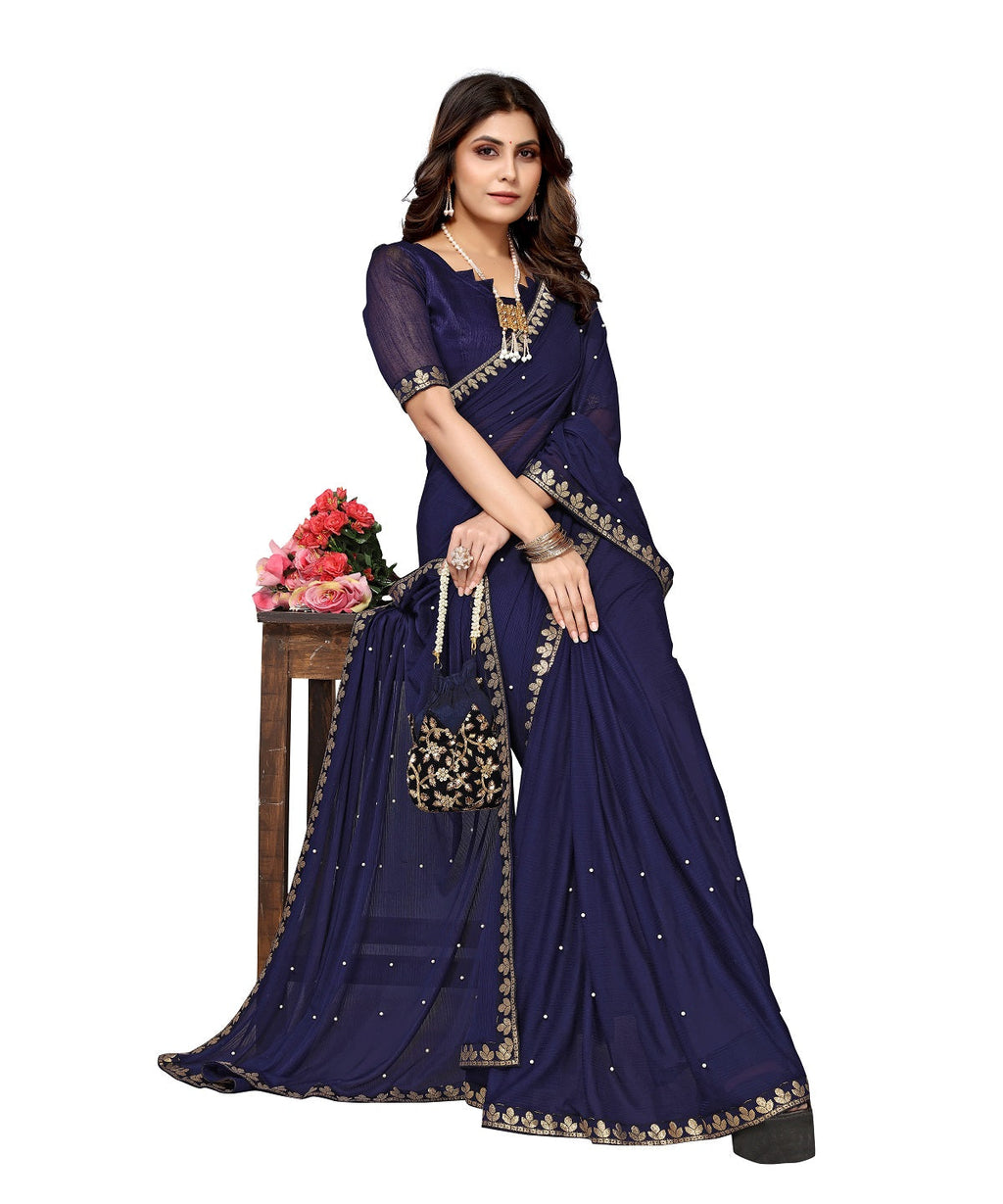 Vamika Goergette Silk Thread Work Navy Bollywood Style Saree | Grocsy