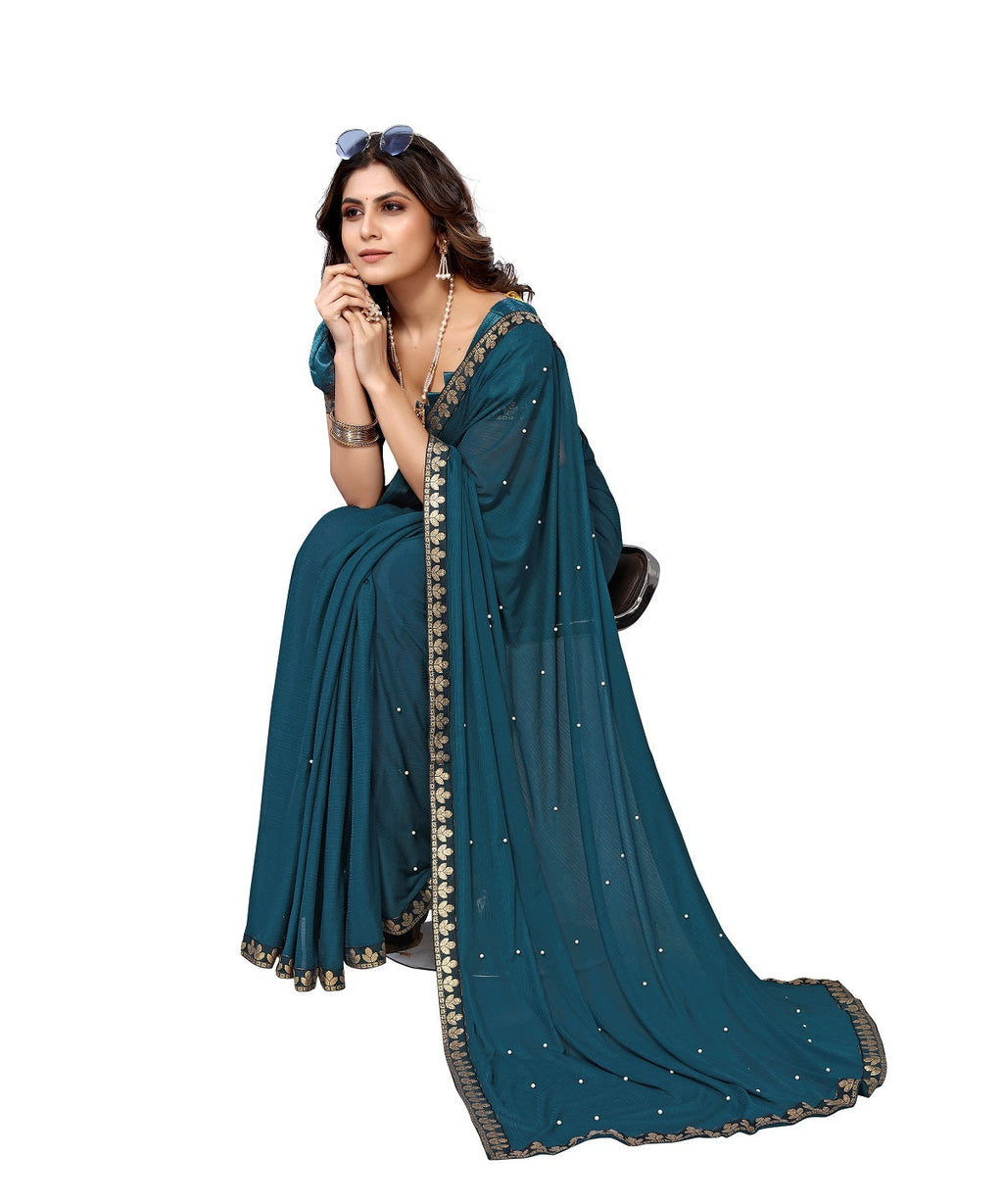 Vamika Goergette Silk Thread Work Rama Bollywood Style Saree | Grocsy