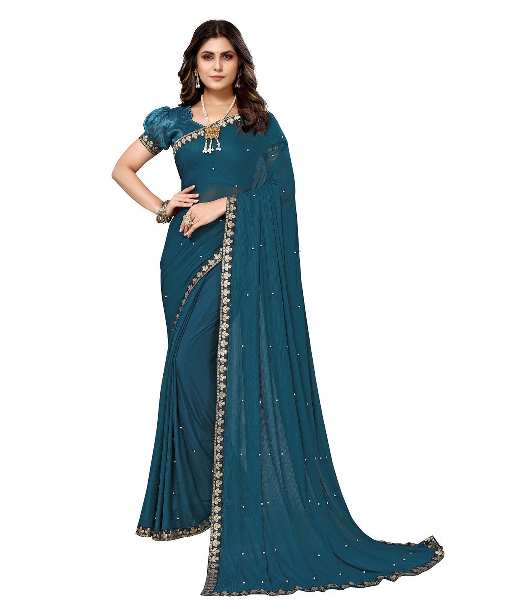 Vamika Goergette Silk Thread Work Rama Bollywood Style Saree | Grocsy