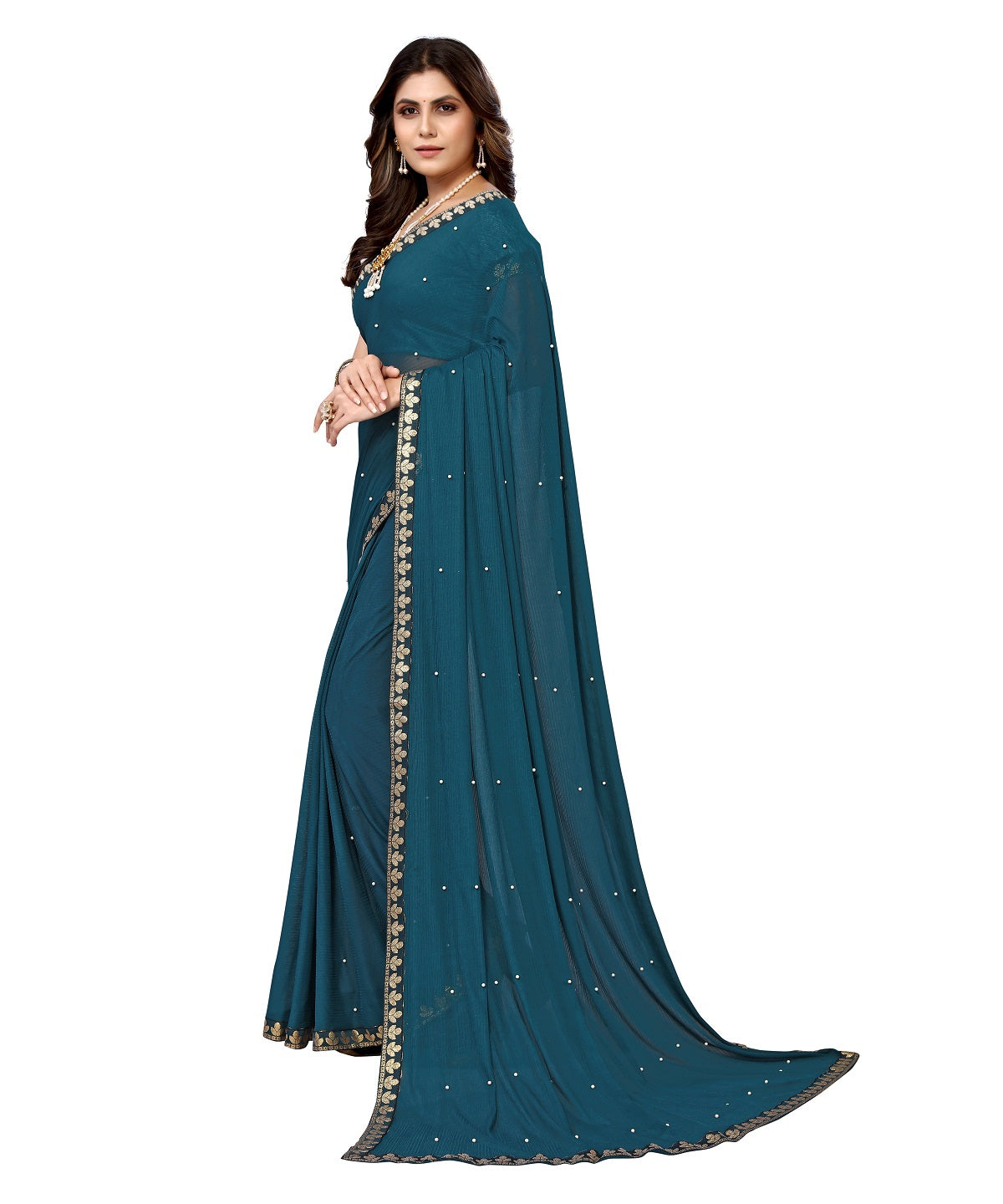 Vamika Goergette Silk Thread Work Rama Bollywood Style Saree | Grocsy