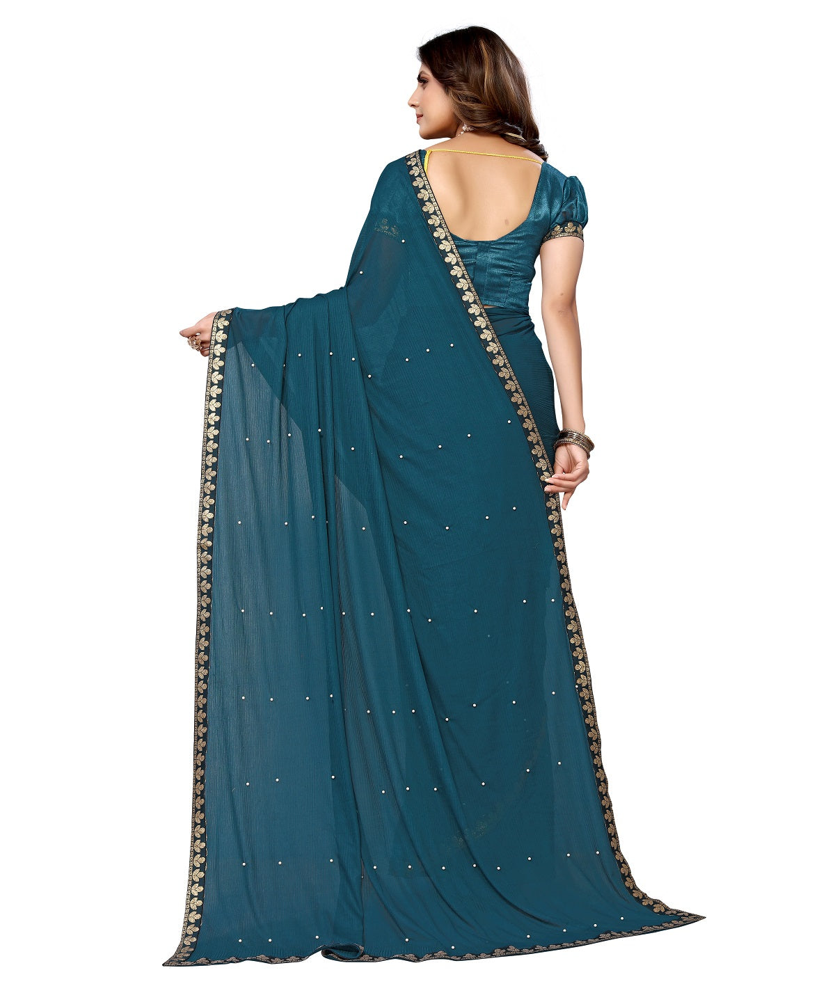 Vamika Goergette Silk Thread Work Rama Bollywood Style Saree | Grocsy