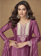 Vegaa Fashion Onion Pink Chinon Silk Embroidered Designer Palazzo Suit | Grocsy