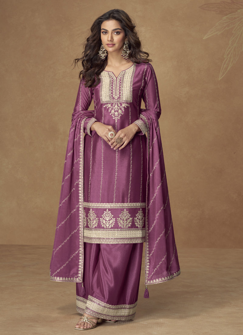Vegaa Fashion Onion Pink Chinon Silk Embroidered Designer Palazzo Suit | Grocsy
