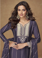 Vegaa Fashion Violet Chinon Silk Embroidered Designer Palazzo Suit | Grocsy