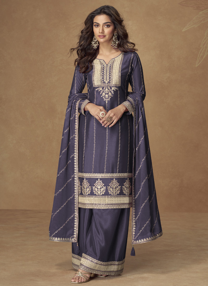 Vegaa Fashion Violet Chinon Silk Embroidered Designer Palazzo Suit | Grocsy