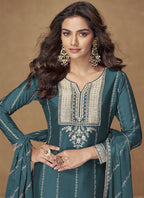 Vegaa Fashion Teal Blue Chinon Silk Embroidered Designer Palazzo Suit | Grocsy