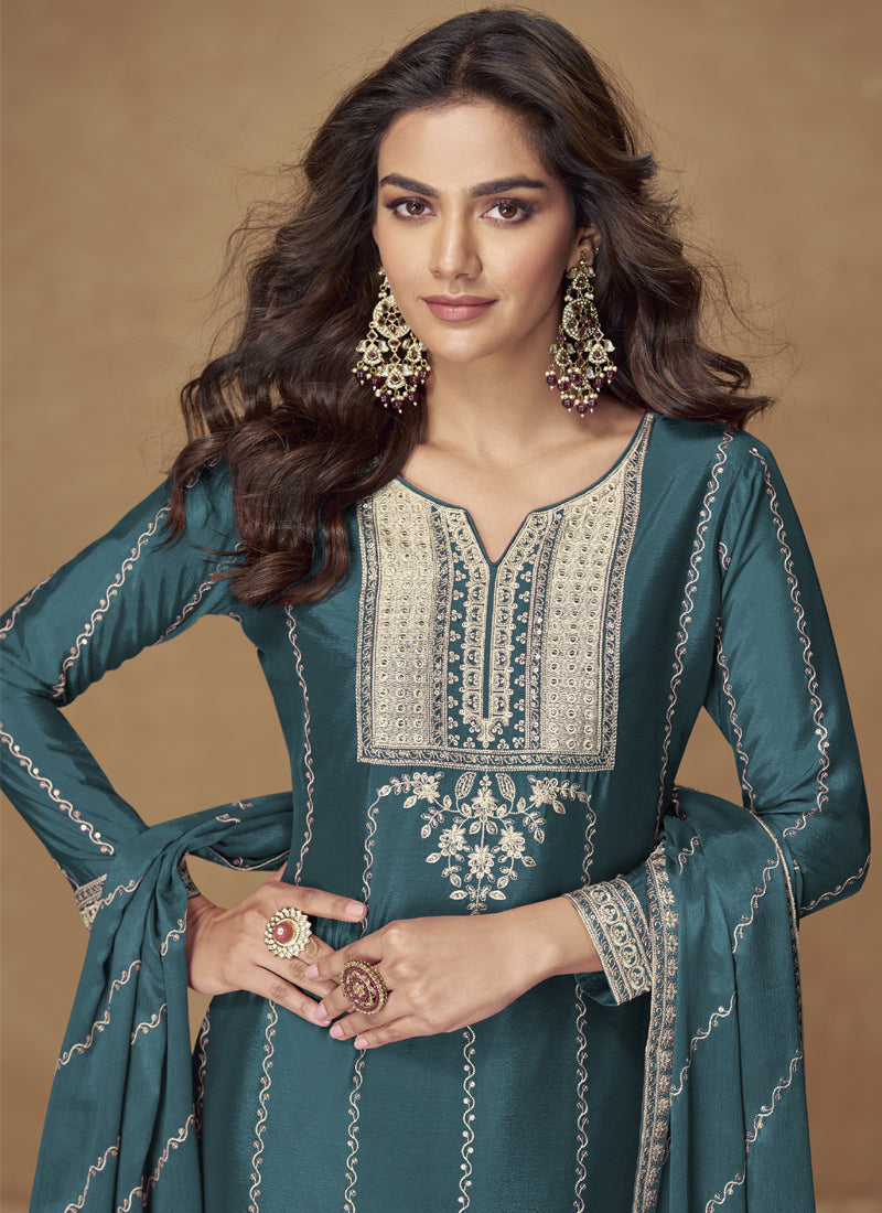 Vegaa Fashion Teal Blue Chinon Silk Embroidered Designer Palazzo Suit | Grocsy