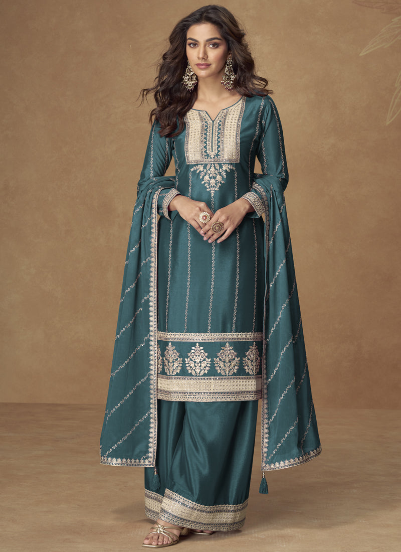 Vegaa Fashion Teal Blue Chinon Silk Embroidered Designer Palazzo Suit | Grocsy