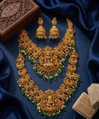 Jewel City Gold Temple Jewelry Set With Peacock Jhumkas & Green Beads | Grocsy