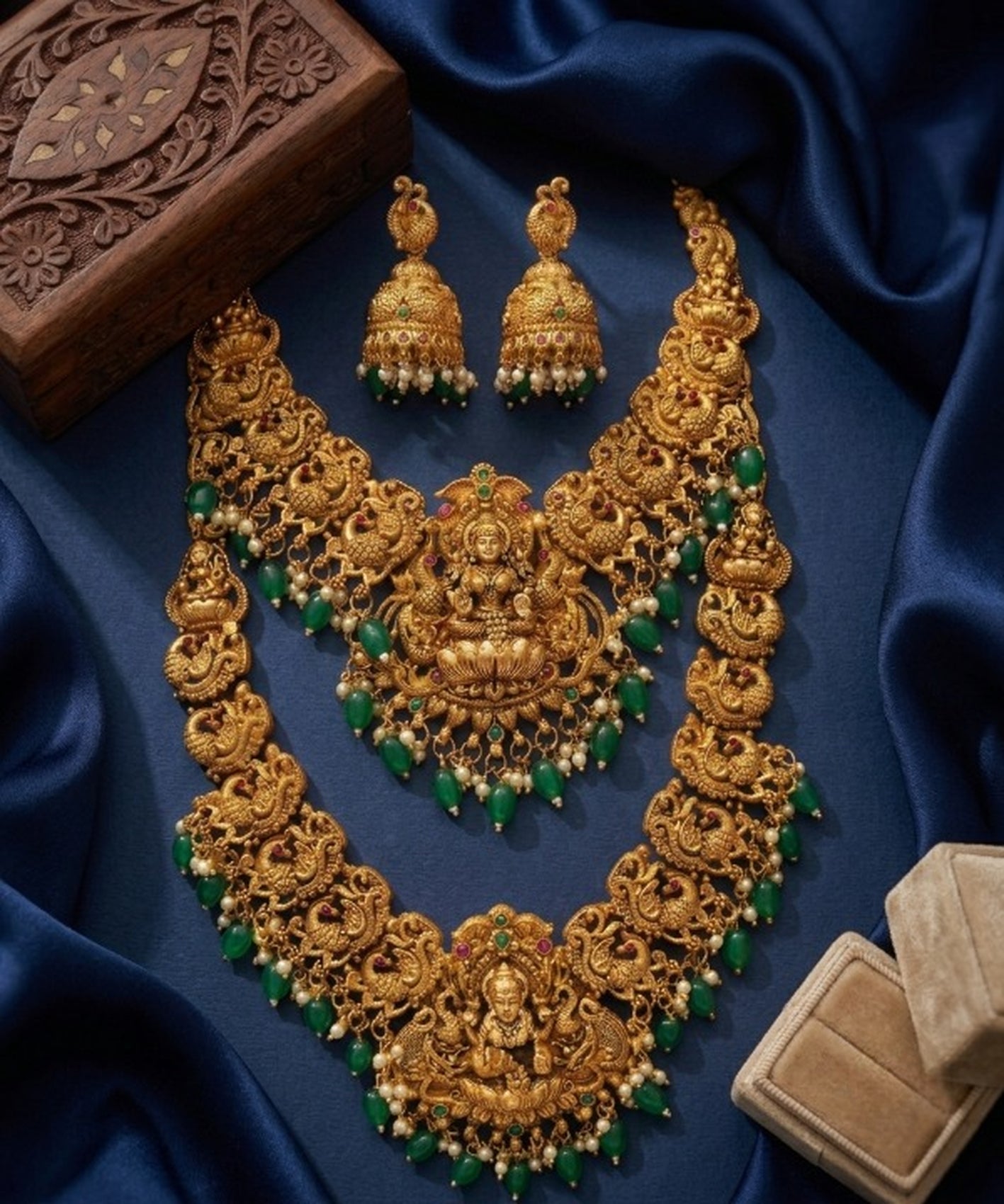 Jewel City Gold Temple Jewelry Set With Peacock Jhumkas & Green Beads | Grocsy
