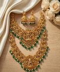 Jewel City Gold Temple Jewelry Set With Peacock Jhumkas & Green Beads | Grocsy