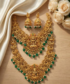Jewel City Gold Temple Jewelry Set With Peacock Jhumkas & Green Beads | Grocsy